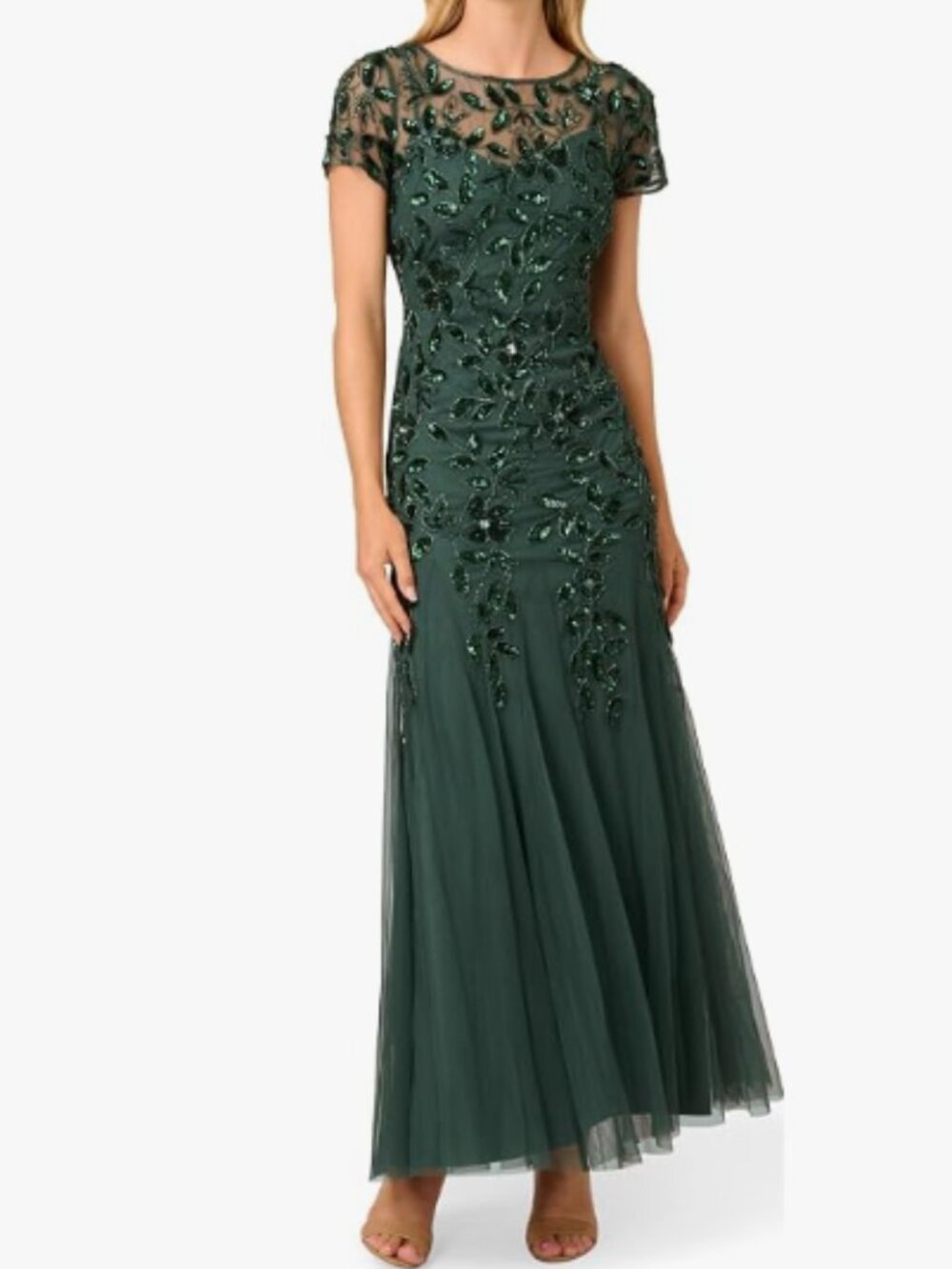 Adrianna Papell Women's Bead Long Dress with Godets, Dusty Emerald